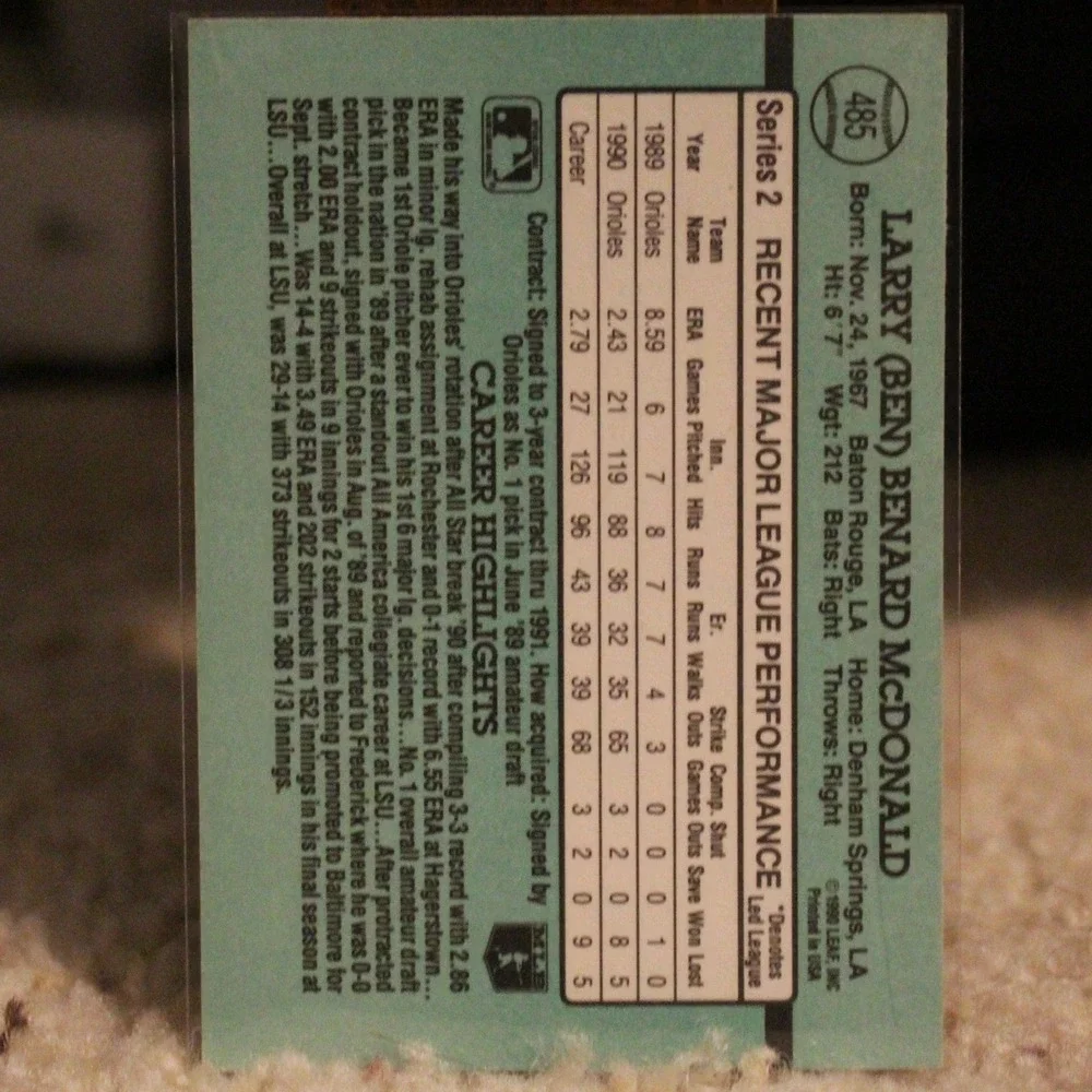 1991 Donruss Ben McDonald Baltimore Orioles Baseball Card 485 Vintage Sports
